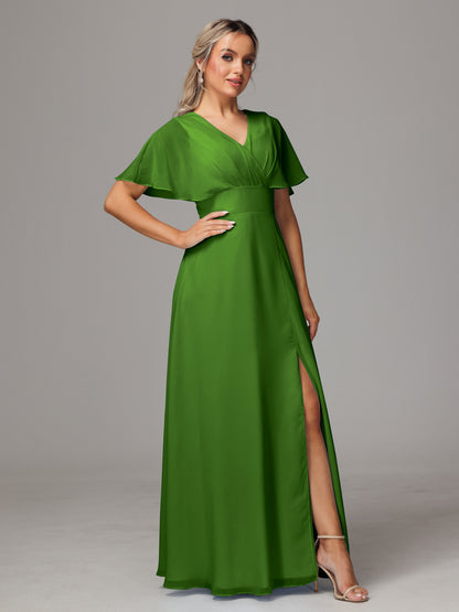 Short Sleeves V Neck Chiffon Bridesmaid Dress With Slit