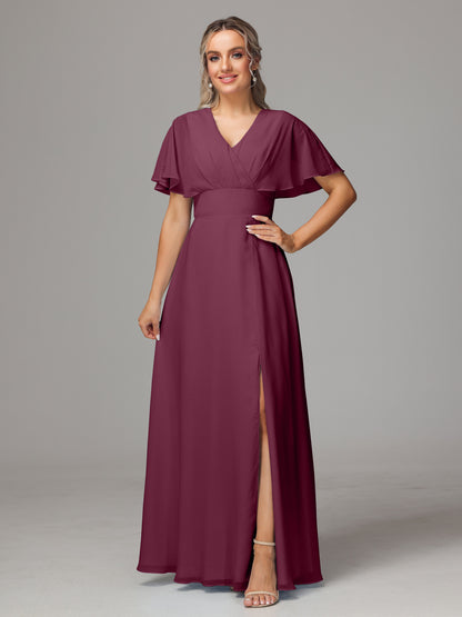 Short Sleeves V Neck Chiffon Bridesmaid Dress With Slit