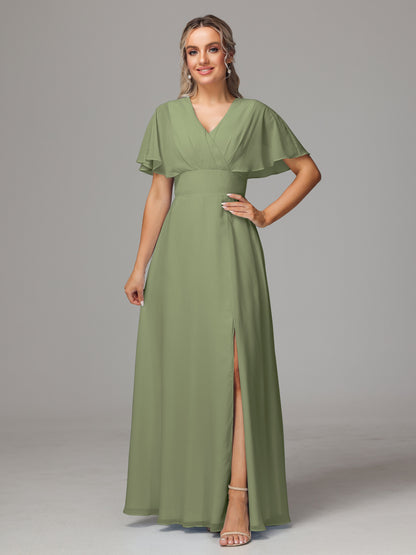 Short Sleeves V Neck Chiffon Bridesmaid Dress With Slit