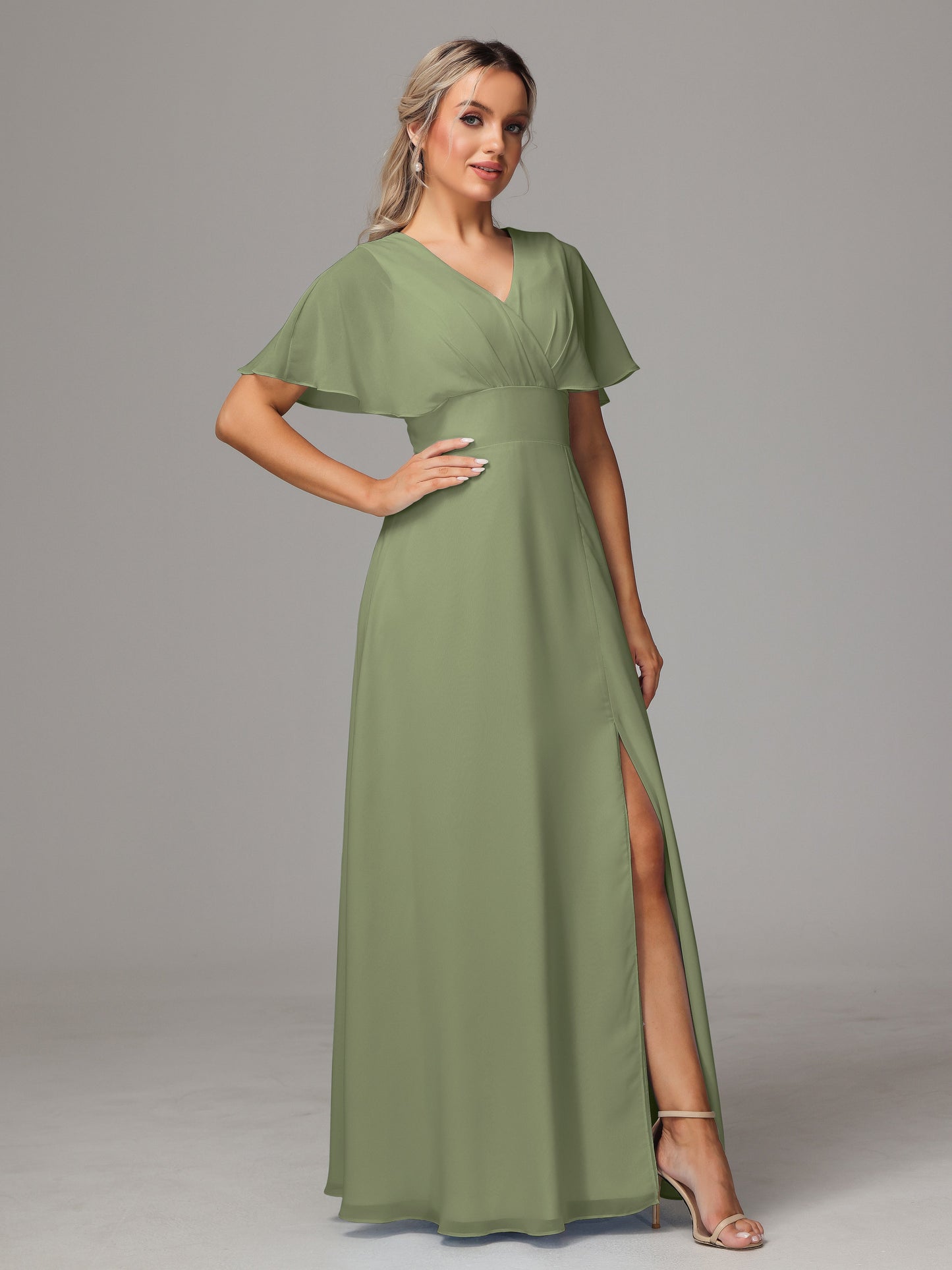 Short Sleeves V Neck Chiffon Bridesmaid Dress With Slit