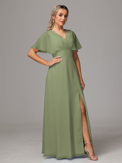 Short Sleeves V Neck Chiffon Bridesmaid Dress With Slit