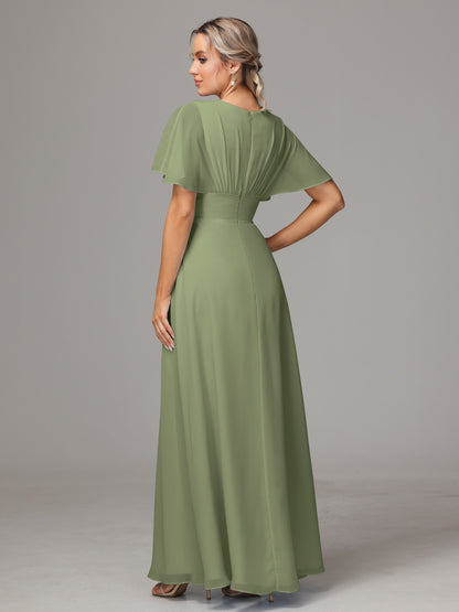 Short Sleeves V Neck Chiffon Bridesmaid Dress With Slit