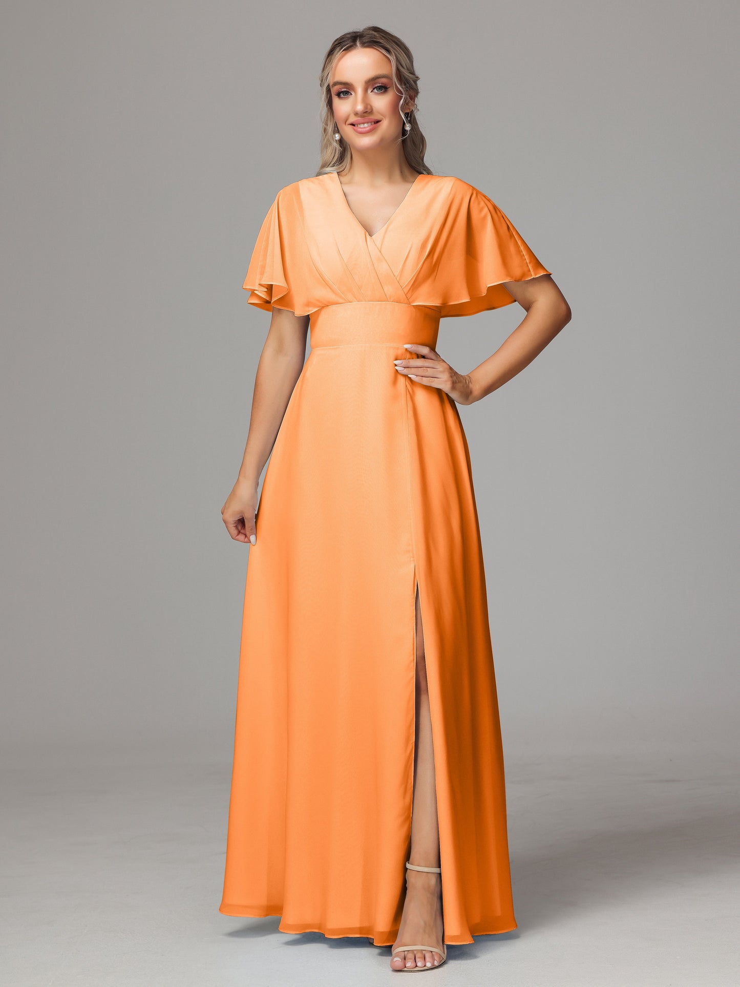 Short Sleeves V Neck Chiffon Bridesmaid Dress With Slit