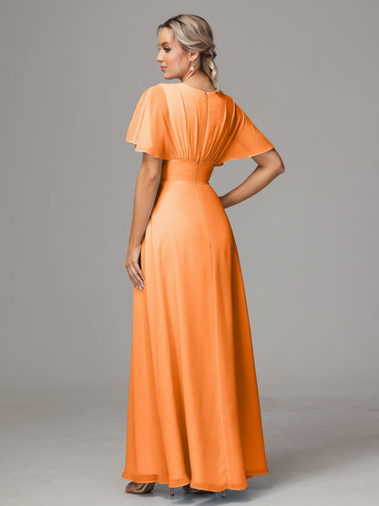 Short Sleeves V Neck Chiffon Bridesmaid Dress With Slit
