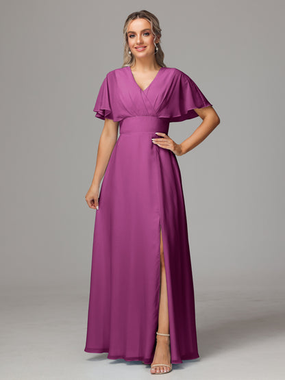 Short Sleeves V Neck Chiffon Bridesmaid Dress With Slit