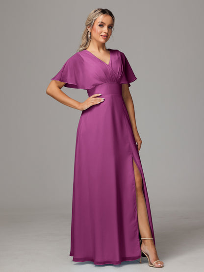 Short Sleeves V Neck Chiffon Bridesmaid Dress With Slit