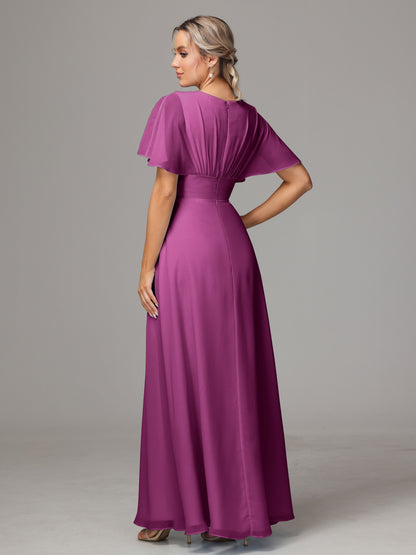 Short Sleeves V Neck Chiffon Bridesmaid Dress With Slit