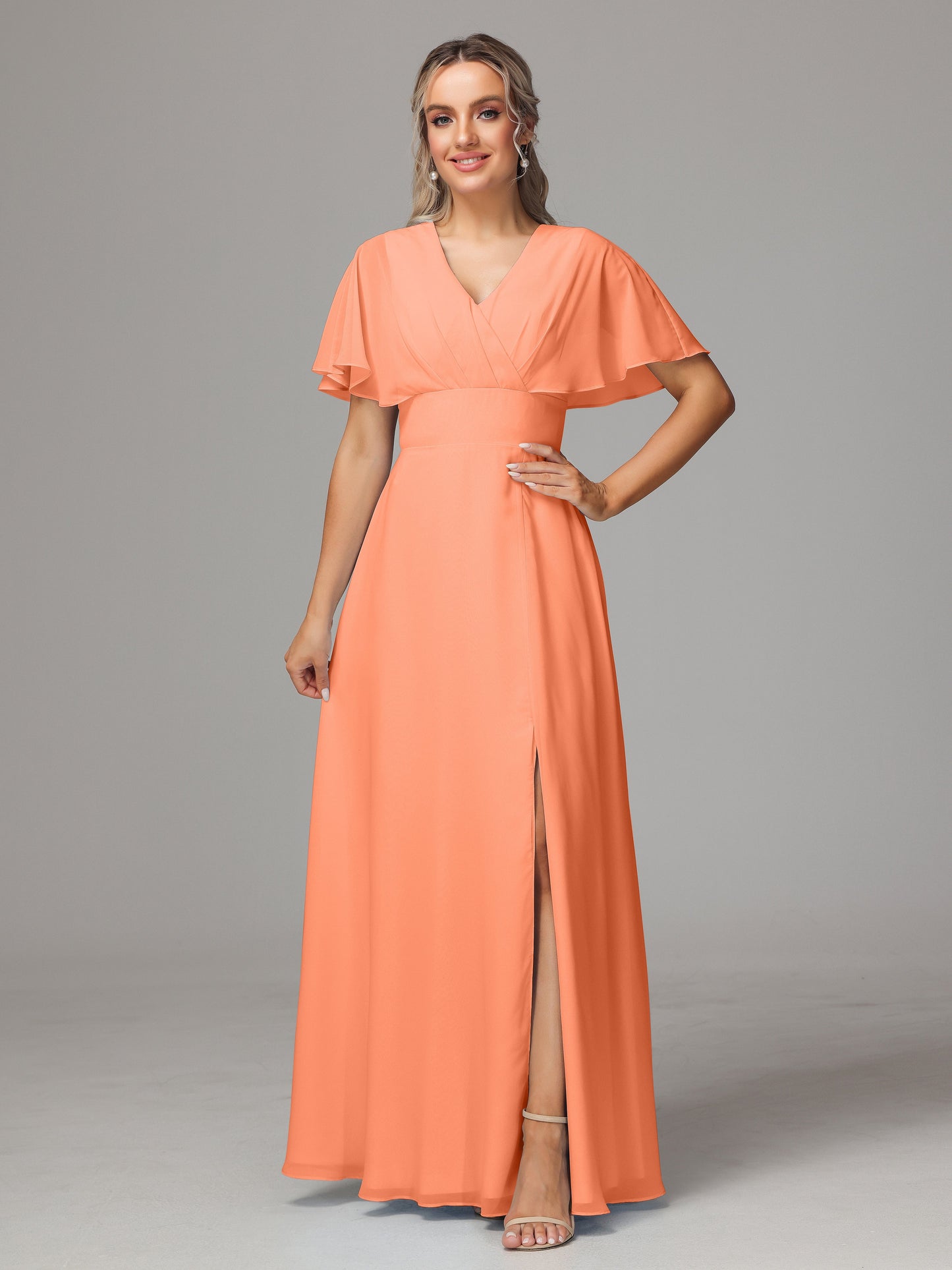 Short Sleeves V Neck Chiffon Bridesmaid Dress With Slit