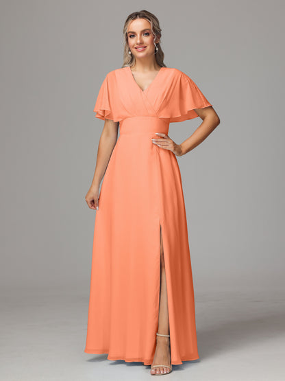Short Sleeves V Neck Chiffon Bridesmaid Dress With Slit