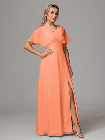 Short Sleeves V Neck Chiffon Bridesmaid Dress With Slit