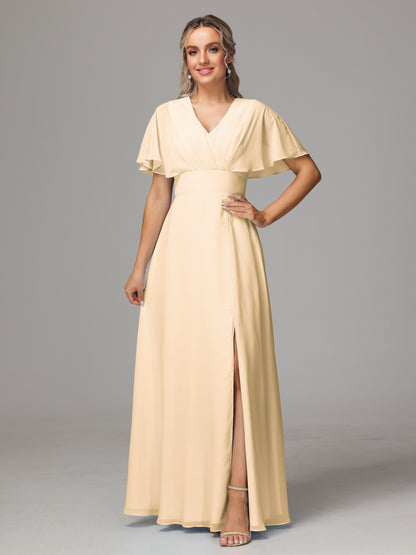 Short Sleeves V Neck Chiffon Bridesmaid Dress With Slit