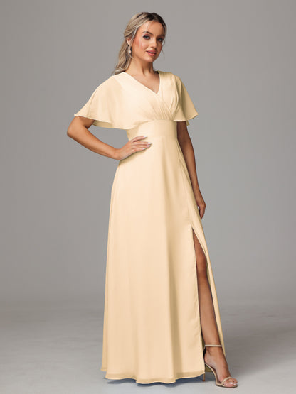 Short Sleeves V Neck Chiffon Bridesmaid Dress With Slit