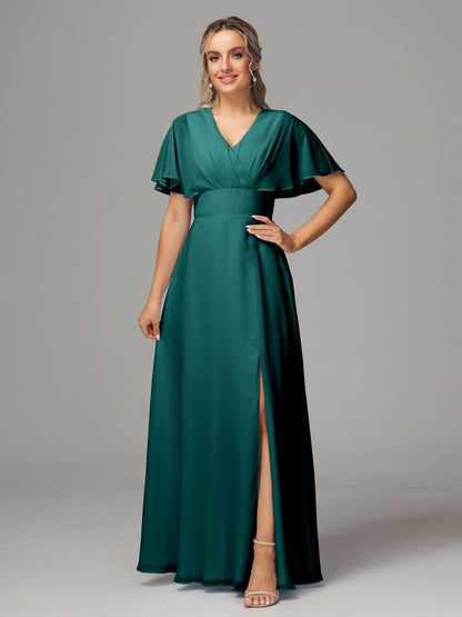 Short Sleeves V Neck Chiffon Bridesmaid Dress With Slit