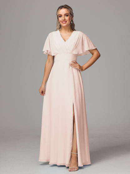Short Sleeves V Neck Chiffon Bridesmaid Dress With Slit