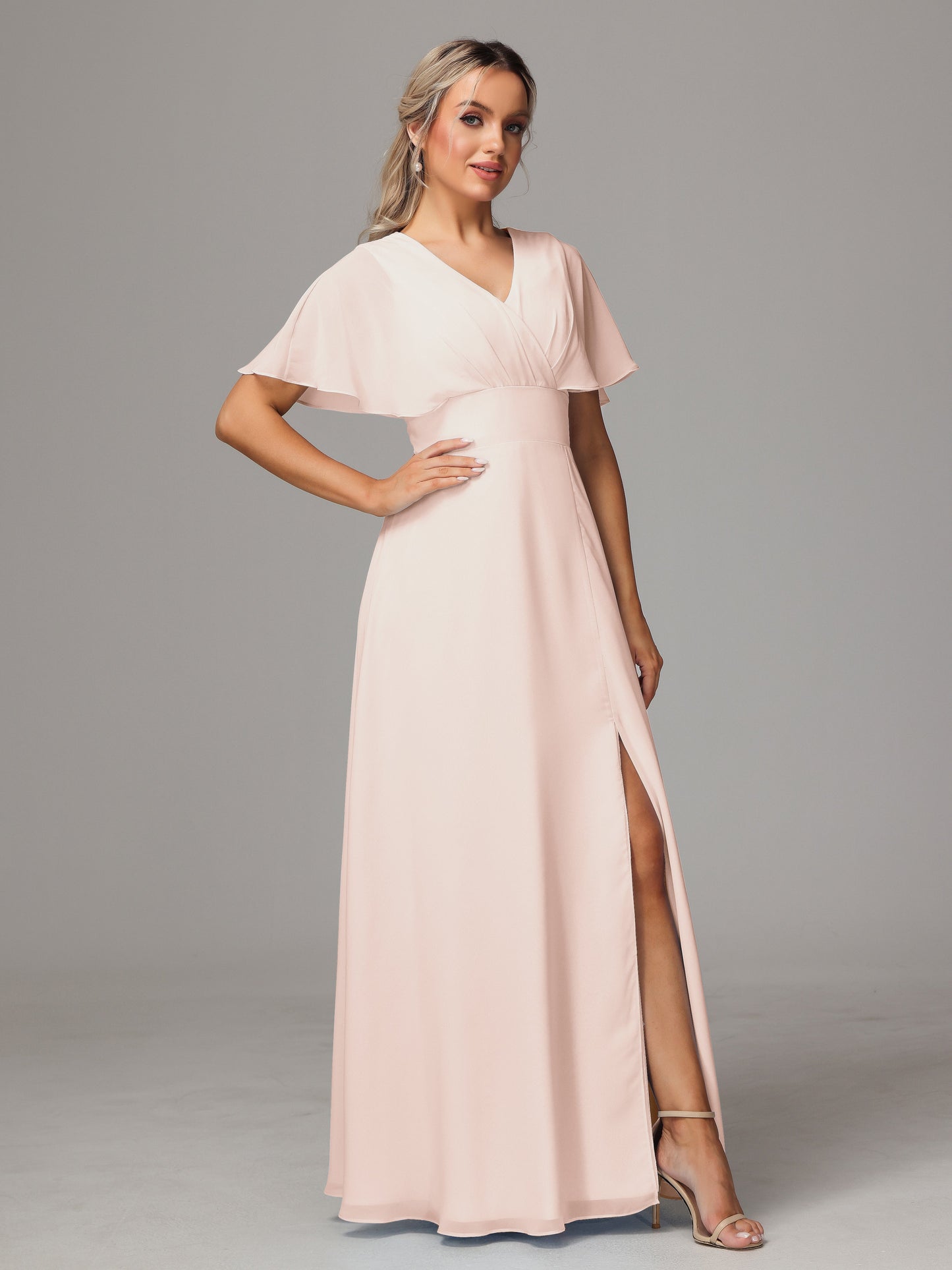Short Sleeves V Neck Chiffon Bridesmaid Dress With Slit