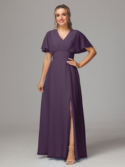 Short Sleeves V Neck Chiffon Bridesmaid Dress With Slit