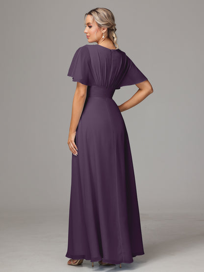 Short Sleeves V Neck Chiffon Bridesmaid Dress With Slit