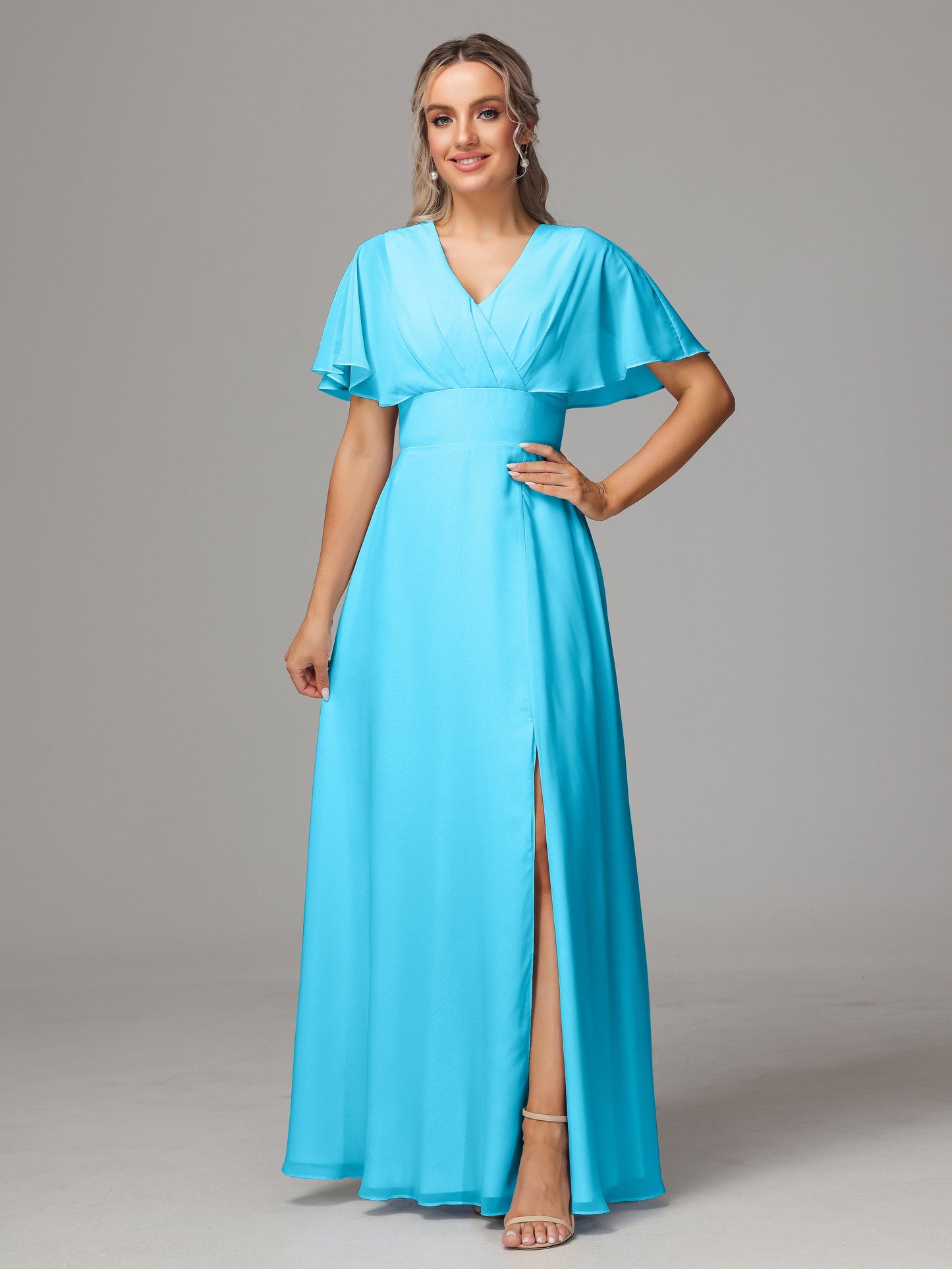 Short Sleeves V Neck Chiffon Bridesmaid Dress With Slit