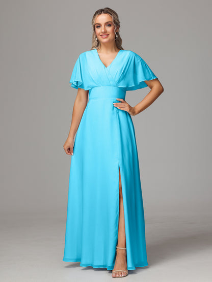 Short Sleeves V Neck Chiffon Bridesmaid Dress With Slit