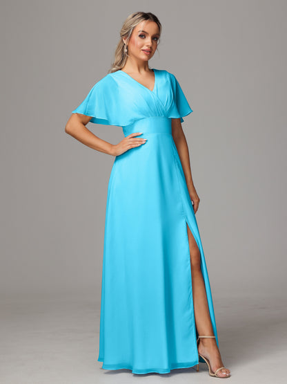 Short Sleeves V Neck Chiffon Bridesmaid Dress With Slit