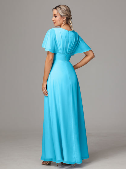 Short Sleeves V Neck Chiffon Bridesmaid Dress With Slit
