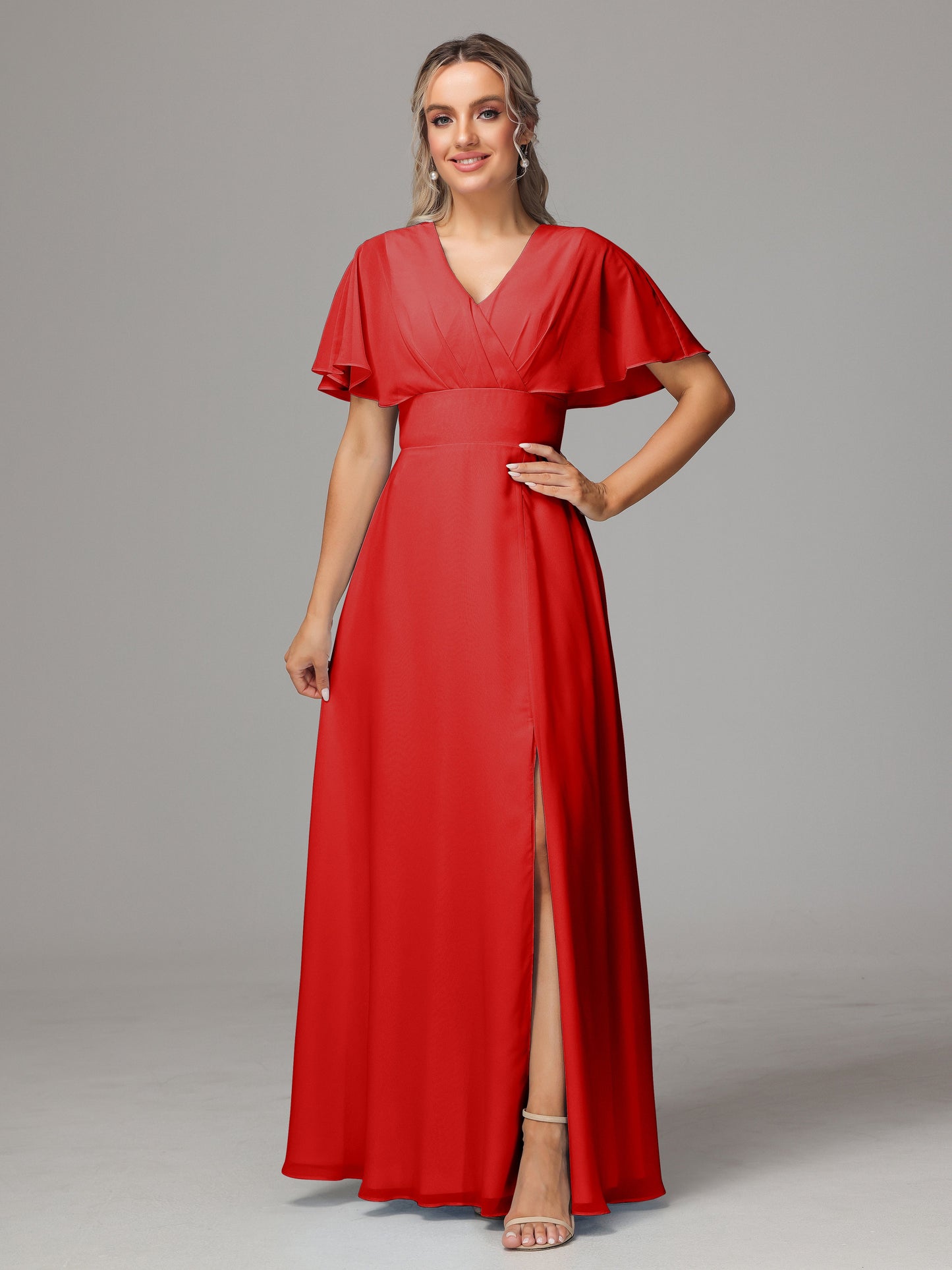 Short Sleeves V Neck Chiffon Bridesmaid Dress With Slit