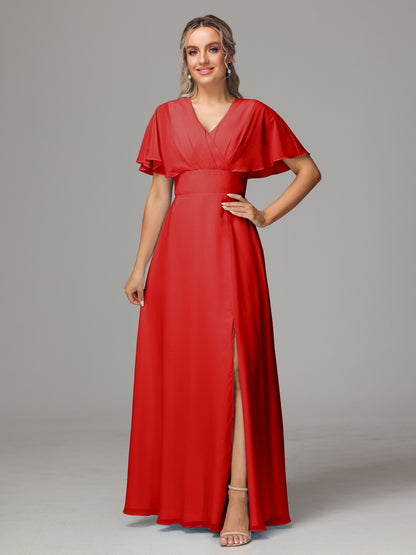 Short Sleeves V Neck Chiffon Bridesmaid Dress With Slit