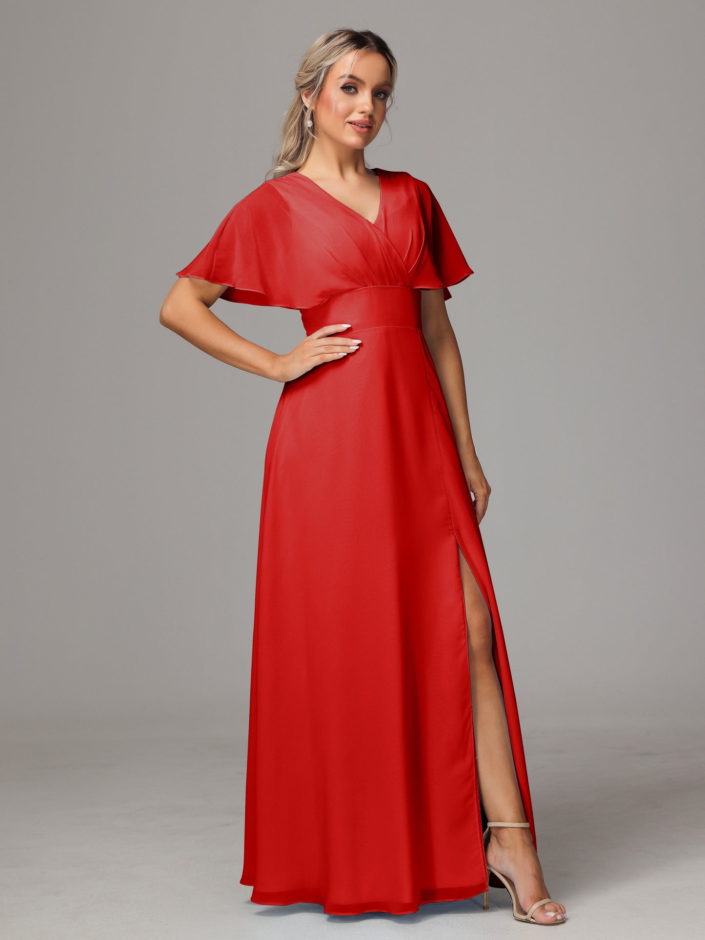 Short Sleeves V Neck Chiffon Bridesmaid Dress With Slit