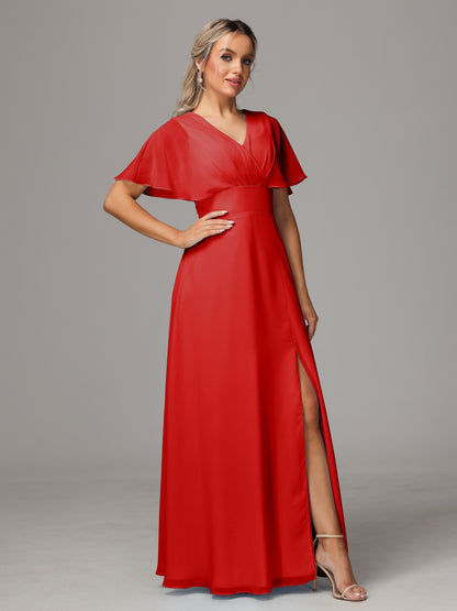 Short Sleeves V Neck Chiffon Bridesmaid Dress With Slit