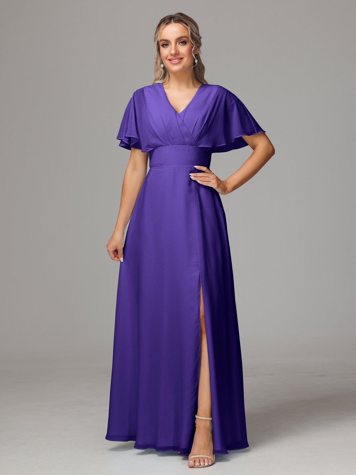 Short Sleeves V Neck Chiffon Bridesmaid Dress With Slit