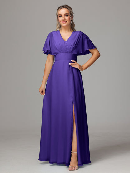 Short Sleeves V Neck Chiffon Bridesmaid Dress With Slit
