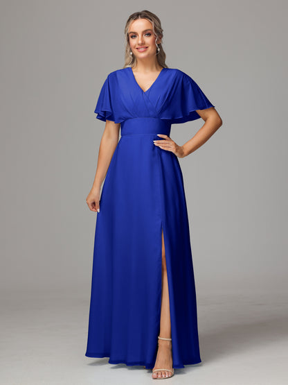 Short Sleeves V Neck Chiffon Bridesmaid Dress With Slit