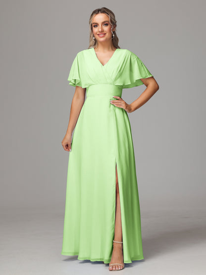 Short Sleeves V Neck Chiffon Bridesmaid Dress With Slit