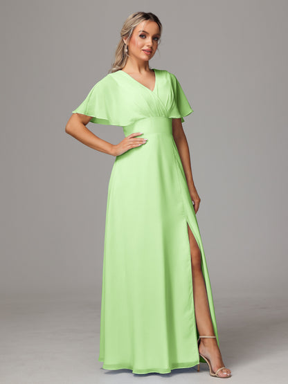 Short Sleeves V Neck Chiffon Bridesmaid Dress With Slit