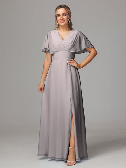 Short Sleeves V Neck Chiffon Bridesmaid Dress With Slit