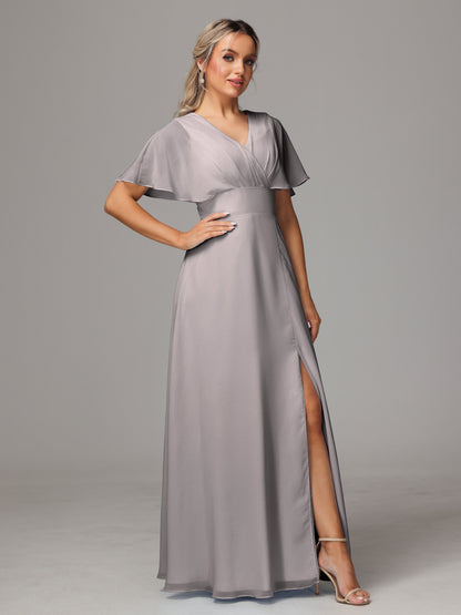 Short Sleeves V Neck Chiffon Bridesmaid Dress With Slit