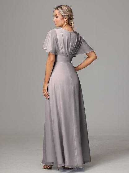 Short Sleeves V Neck Chiffon Bridesmaid Dress With Slit