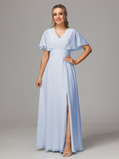 Short Sleeves V Neck Chiffon Bridesmaid Dress With Slit