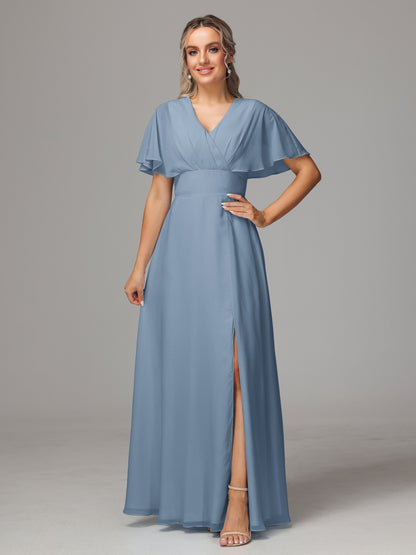 Short Sleeves V Neck Chiffon Bridesmaid Dress With Slit