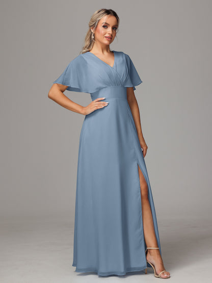 Short Sleeves V Neck Chiffon Bridesmaid Dress With Slit