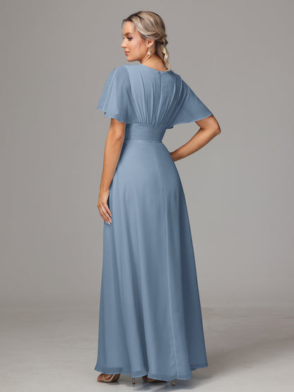 Short Sleeves V Neck Chiffon Bridesmaid Dress With Slit