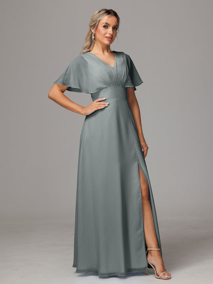 Short Sleeves V Neck Chiffon Bridesmaid Dress With Slit