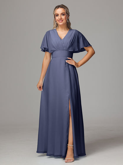 Short Sleeves V Neck Chiffon Bridesmaid Dress With Slit
