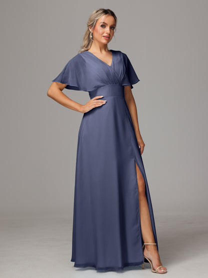 Short Sleeves V Neck Chiffon Bridesmaid Dress With Slit