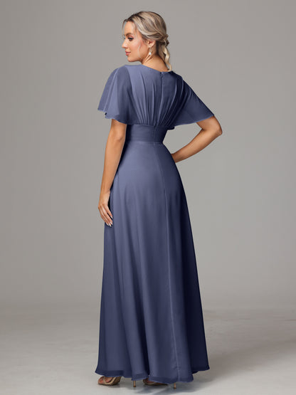 Short Sleeves V Neck Chiffon Bridesmaid Dress With Slit