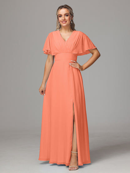 Short Sleeves V Neck Chiffon Bridesmaid Dress With Slit