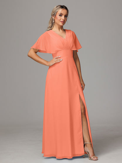 Short Sleeves V Neck Chiffon Bridesmaid Dress With Slit
