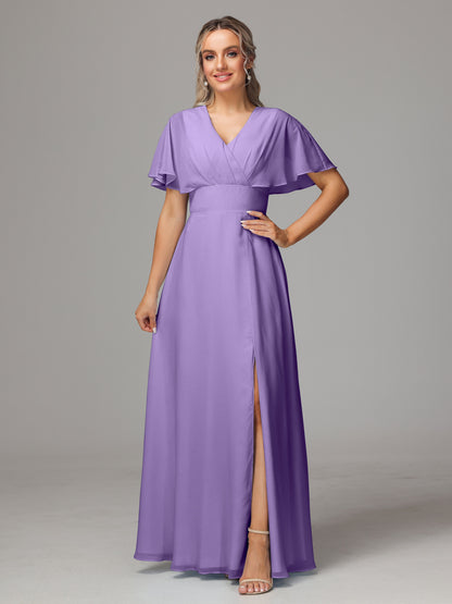 Short Sleeves V Neck Chiffon Bridesmaid Dress With Slit