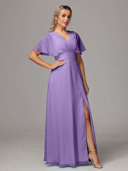 Short Sleeves V Neck Chiffon Bridesmaid Dress With Slit