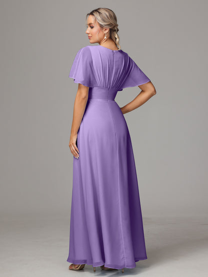 Short Sleeves V Neck Chiffon Bridesmaid Dress With Slit